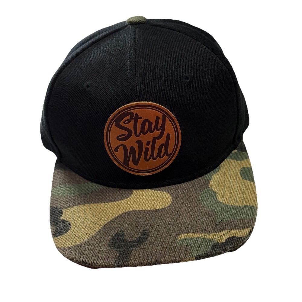 Black Snapback Baseball Cap Green Camo Brim Brown Leather Stay Wild Patch Hat